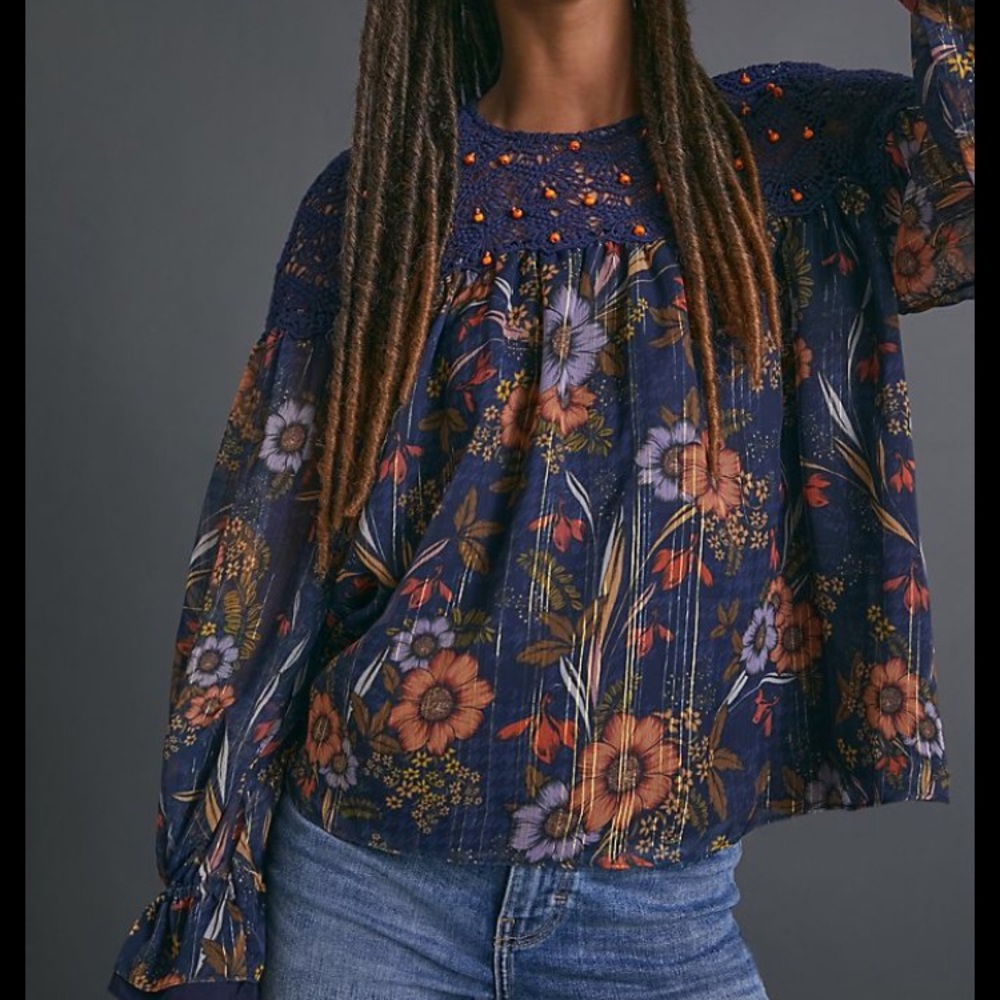 Anthropologie Navy Floral Lace-Yoke Blouse